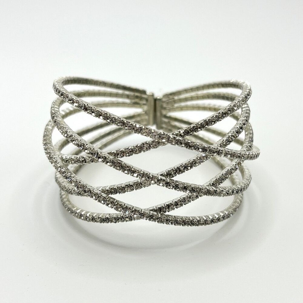Rhinestone Cuff Bracelet Silver Tone Memory Wire Lattice Criss Cross Bling